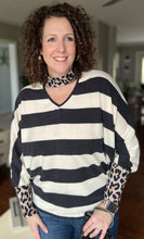 Load image into Gallery viewer, Brushed Stripe Top with Leopard Neck