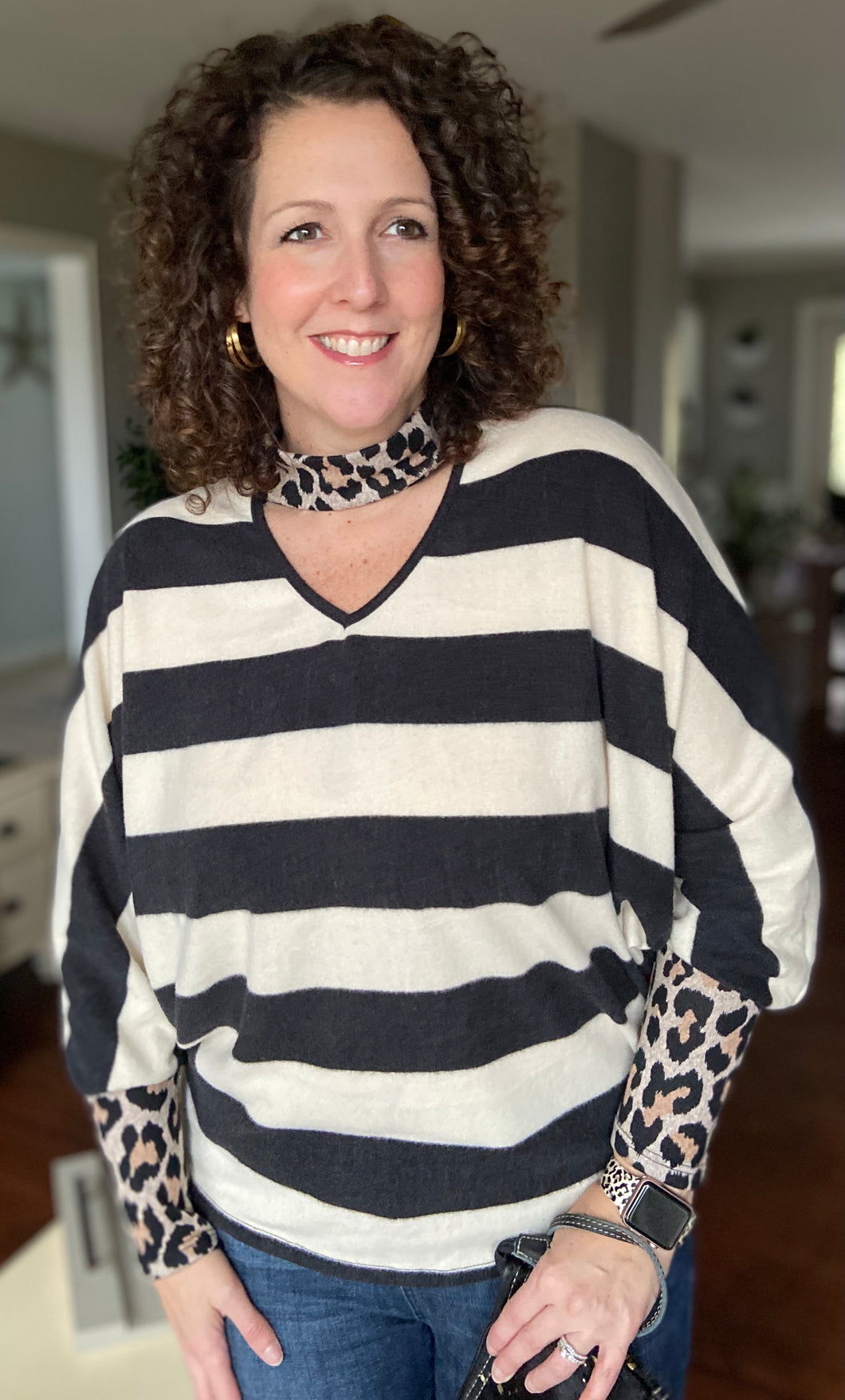 Brushed Stripe Top with Leopard Neck