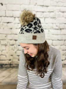CC Leopard Hat with Faux Fur Pom