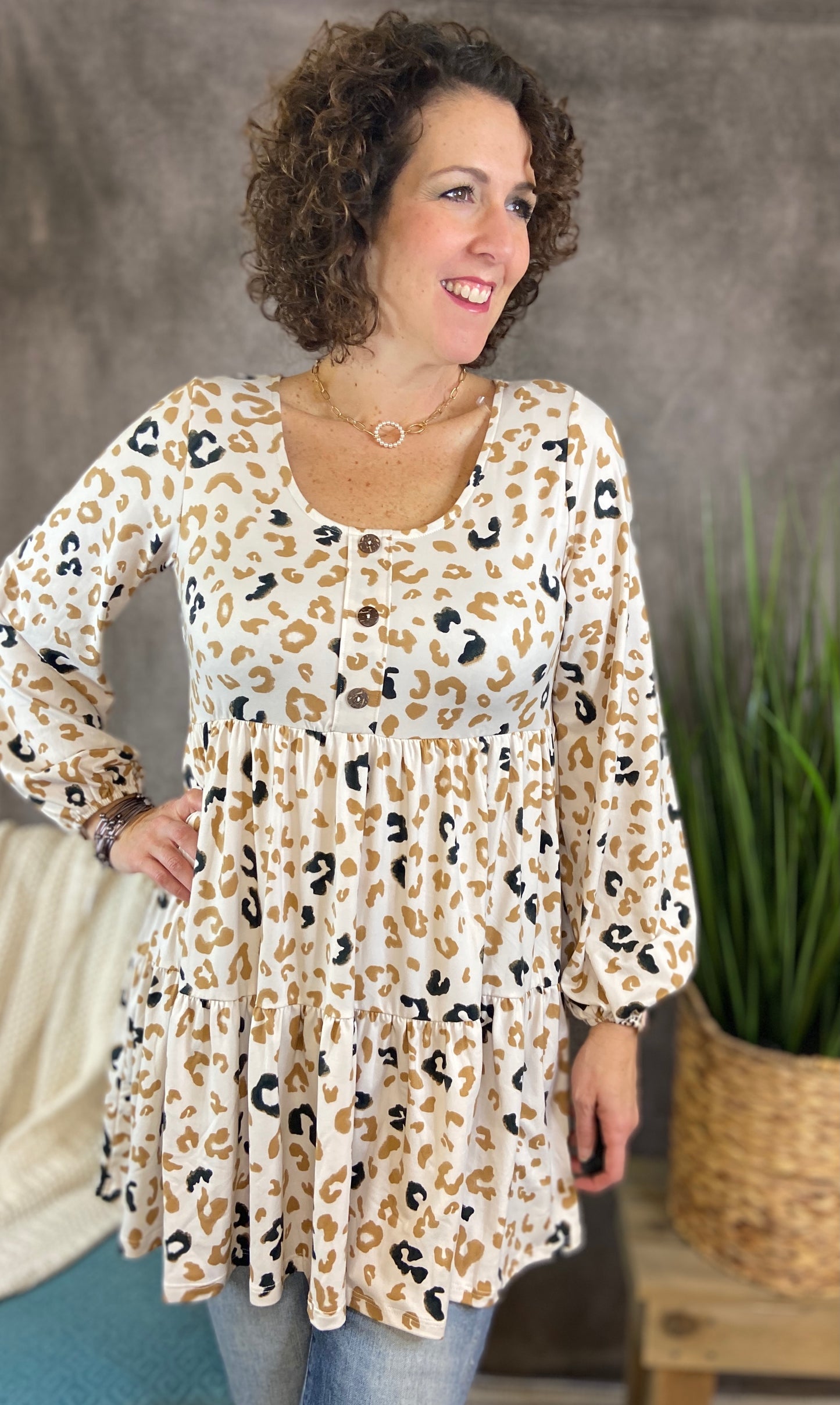 Leopard Tiered Babydoll Dress with Buttons