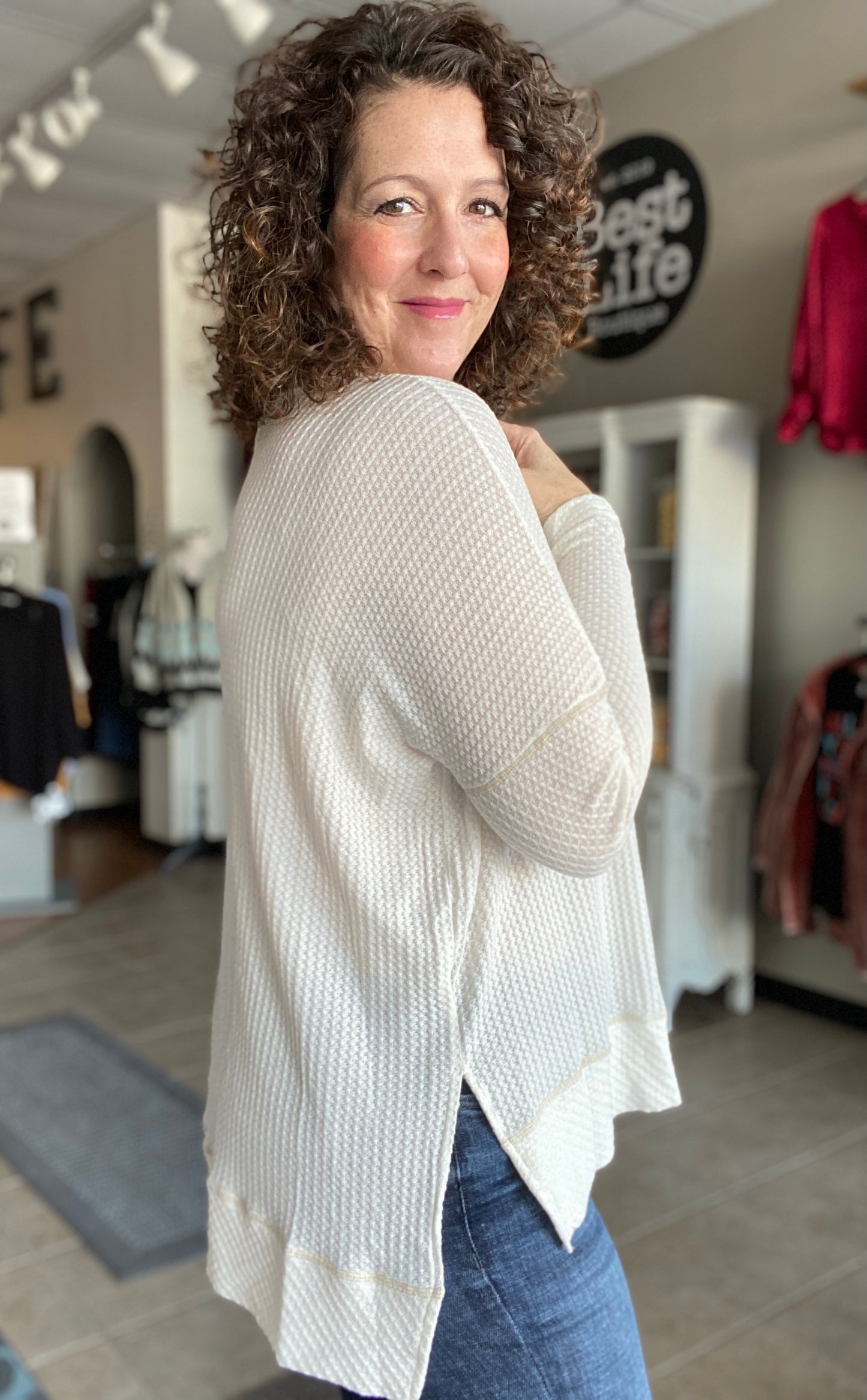 Oversized Waffle Cowl Neck Top - IVORY