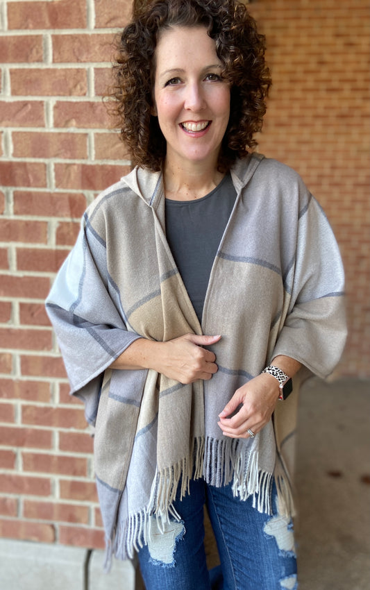 Fringed Plaid Hooded Cape - TAN