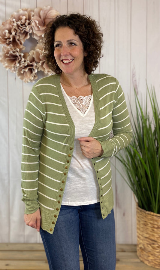 Spring Striped Snap Button Cardigan - SAGE