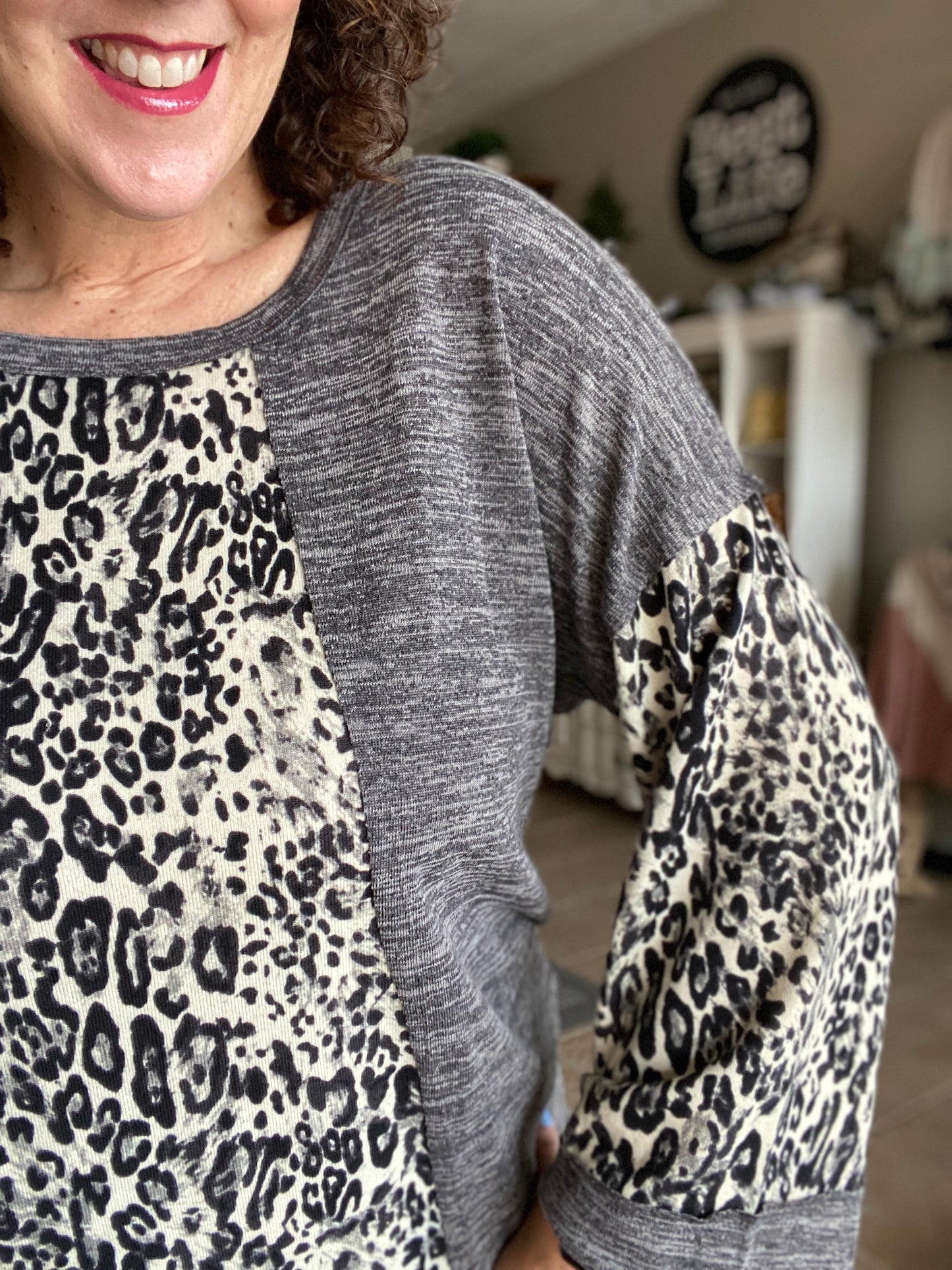 Heathered Knit Top with Leopard Panels