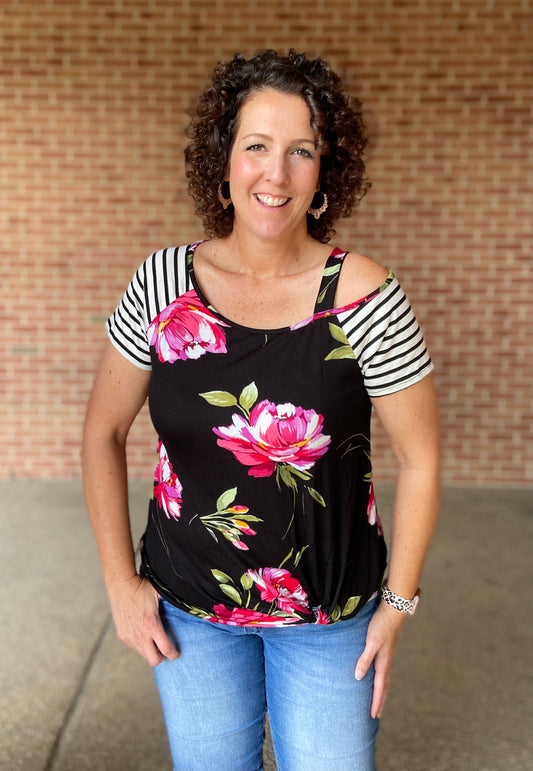 Floral and Stripe Strap Shoulder Top