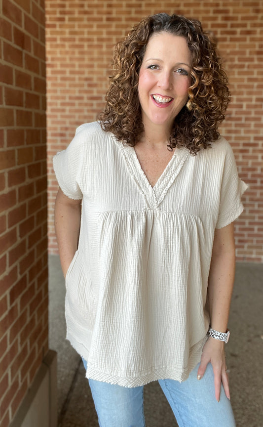 Gauze Raw Edge V Neck Top with Pockets