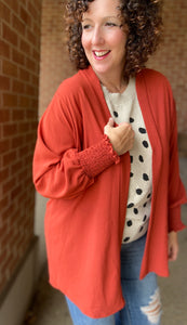 Open Cardigan with Smocked Cuff - RUST