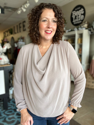 Cowl Neck Blouse with Ruffle Edge Sleeves - SILVER