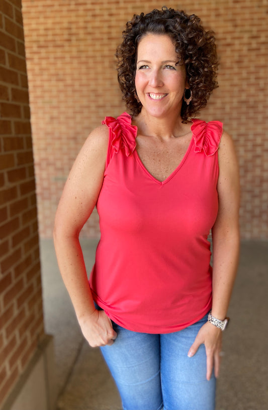 Ruffle Shoulder Tank - CORAL