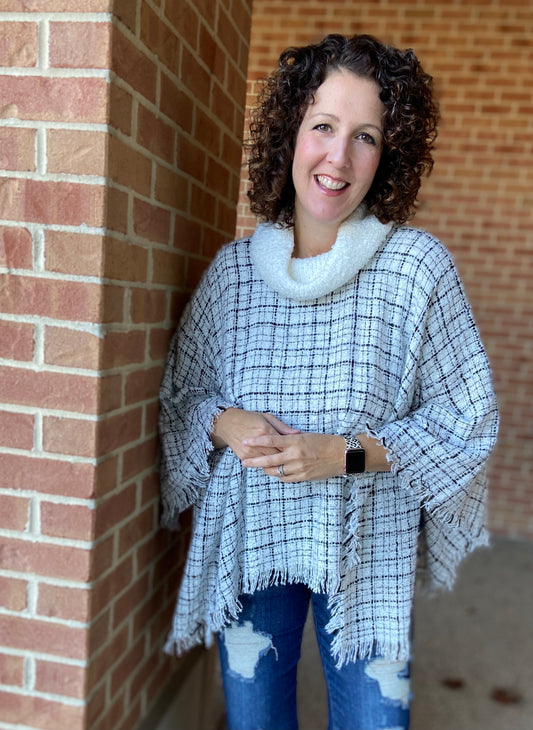 Fine Plaid Cowl Neck Poncho - WHITE