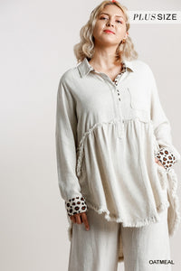 Linen Blend Curvy Tunic with Animal Trim - OATMEAL
