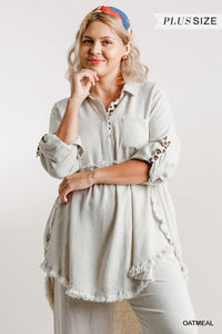 Linen Blend Curvy Tunic with Animal Trim - OATMEAL
