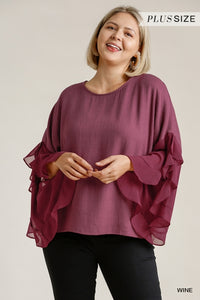 Linen Blend Ruffle Sleeve Curvy Top