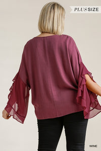 Linen Blend Ruffle Sleeve Curvy Top