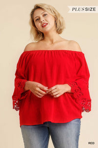 Lace Sleeve Off the Shoulder Curvy Top - NAVY