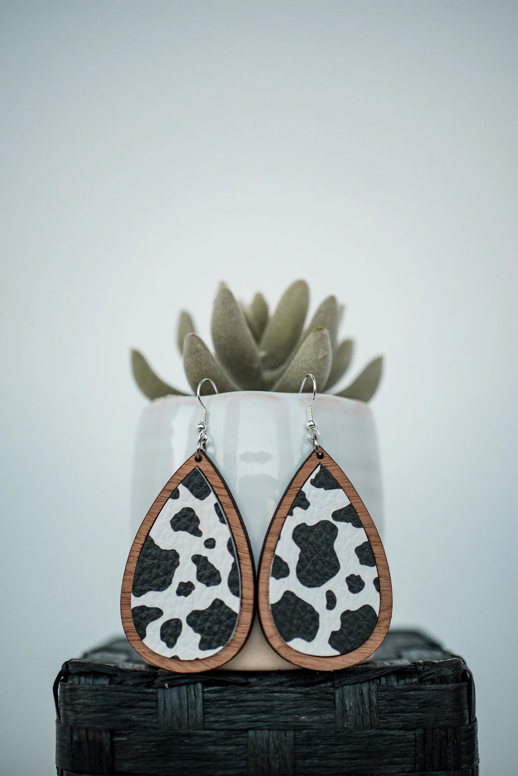 Cow Leather and Wood Teardrop Earrings