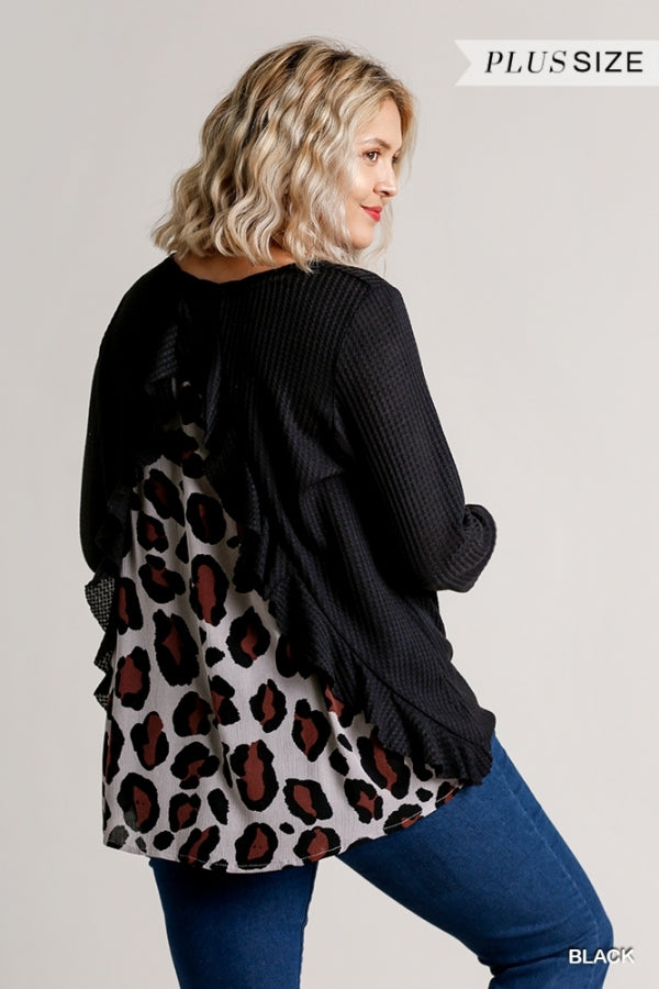 Waffle Knit Curvy Top with Animal Print Back