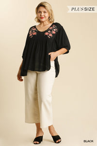 Embroidered Curvy V Neck Flowy Top